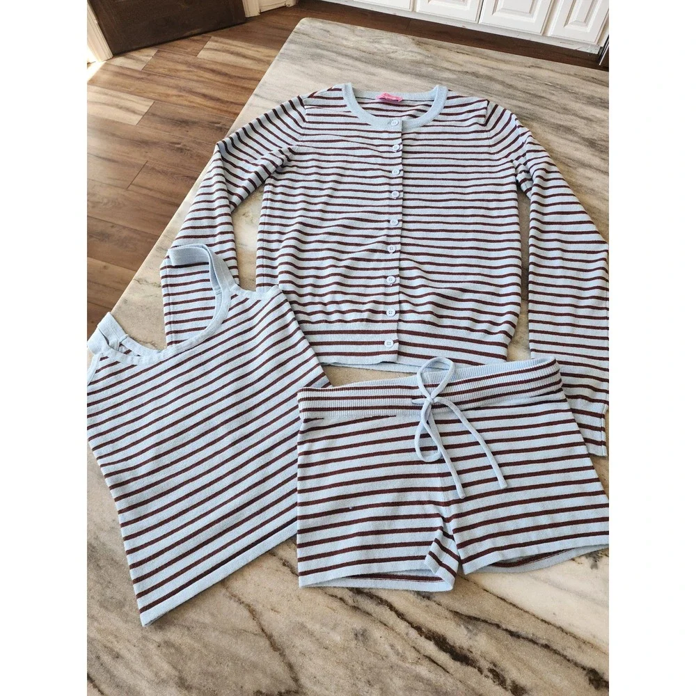 Edikted Women Blue Brown Striped 3 Piece Knit Set Cardigan Tank Shorts XS S